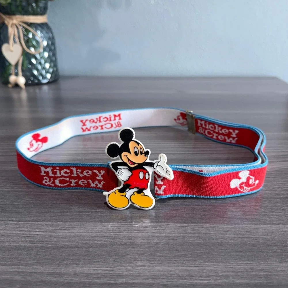 Vtg Mickey Mouse Belt Mickey & Crew Red‎ Elastic Adjustable Kids Disney Buckle